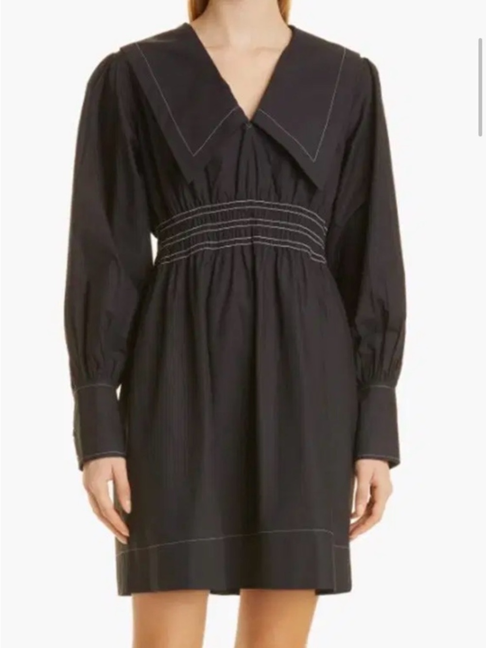 GANNI Black Long-Sleeve Smocked Waist Dress with exagerated collar